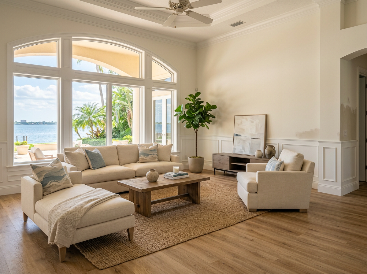 Bright living room featuring newly finished vinyl plank flooring