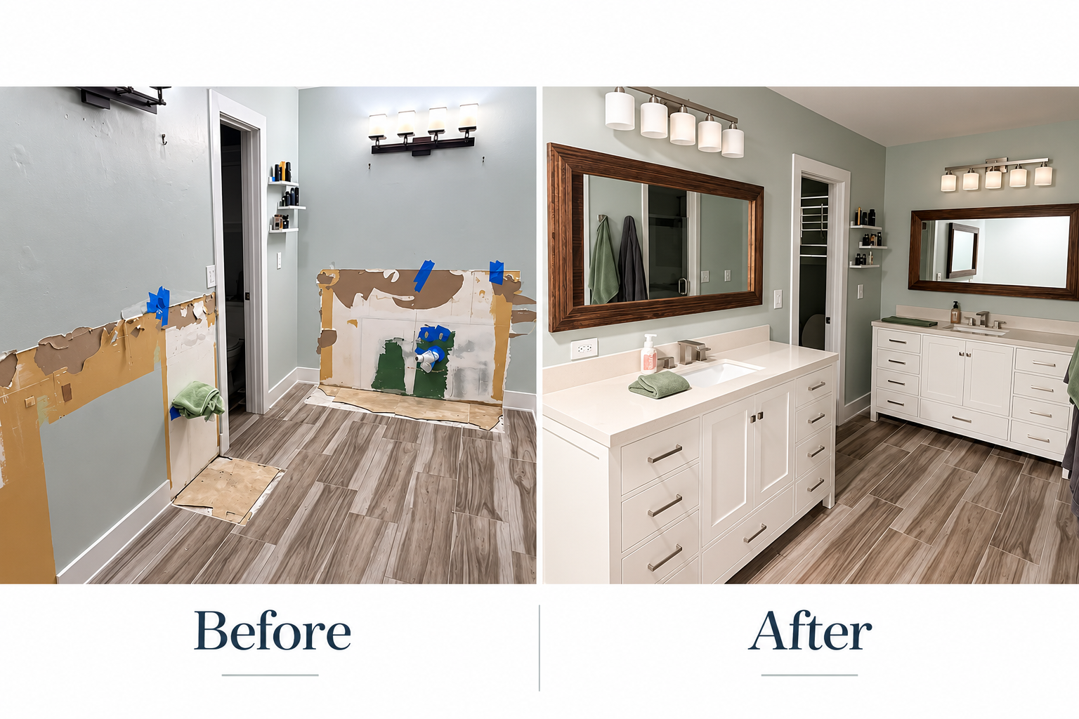 Bathroom before and after a vanity update, showing exposed walls before installation and finished white vanities with wood-framed mirrors afterward