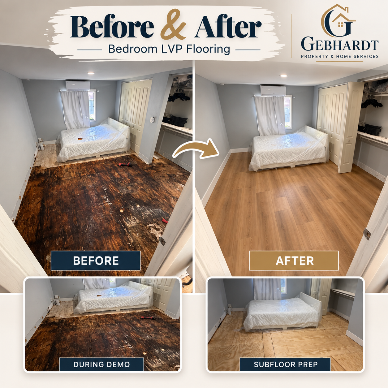 Bedroom flooring before and after luxury vinyl plank installation, with demolition and subfloor preparation photos