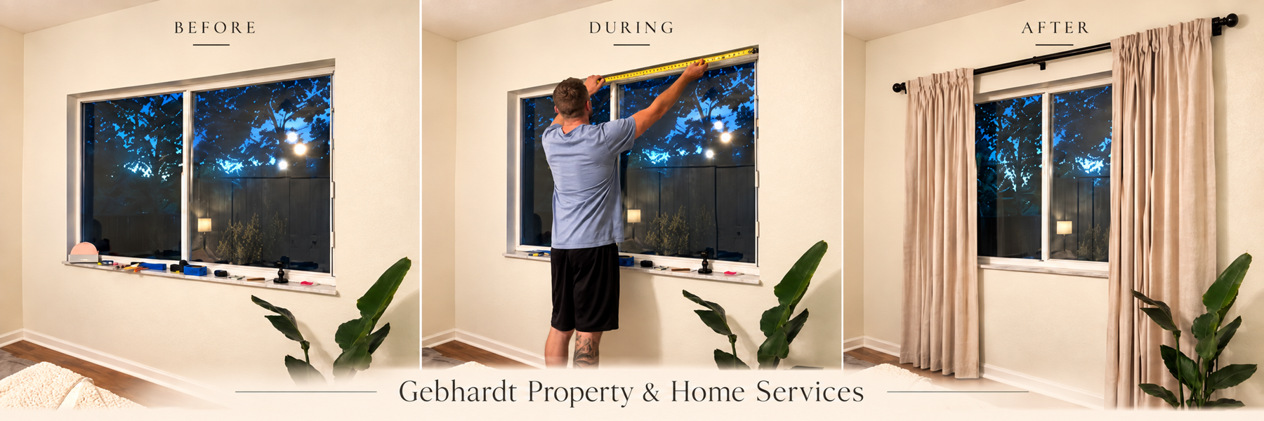 Before, during, and after views of a curtain and window treatment installation