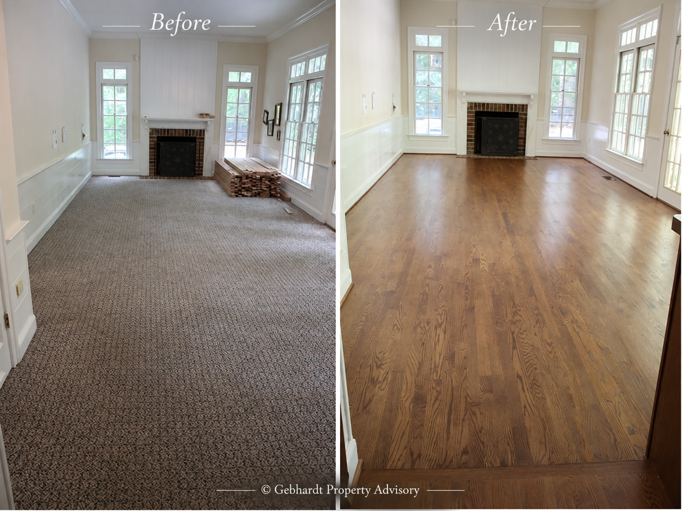 Before and after views of carpet removal and hardwood flooring installation