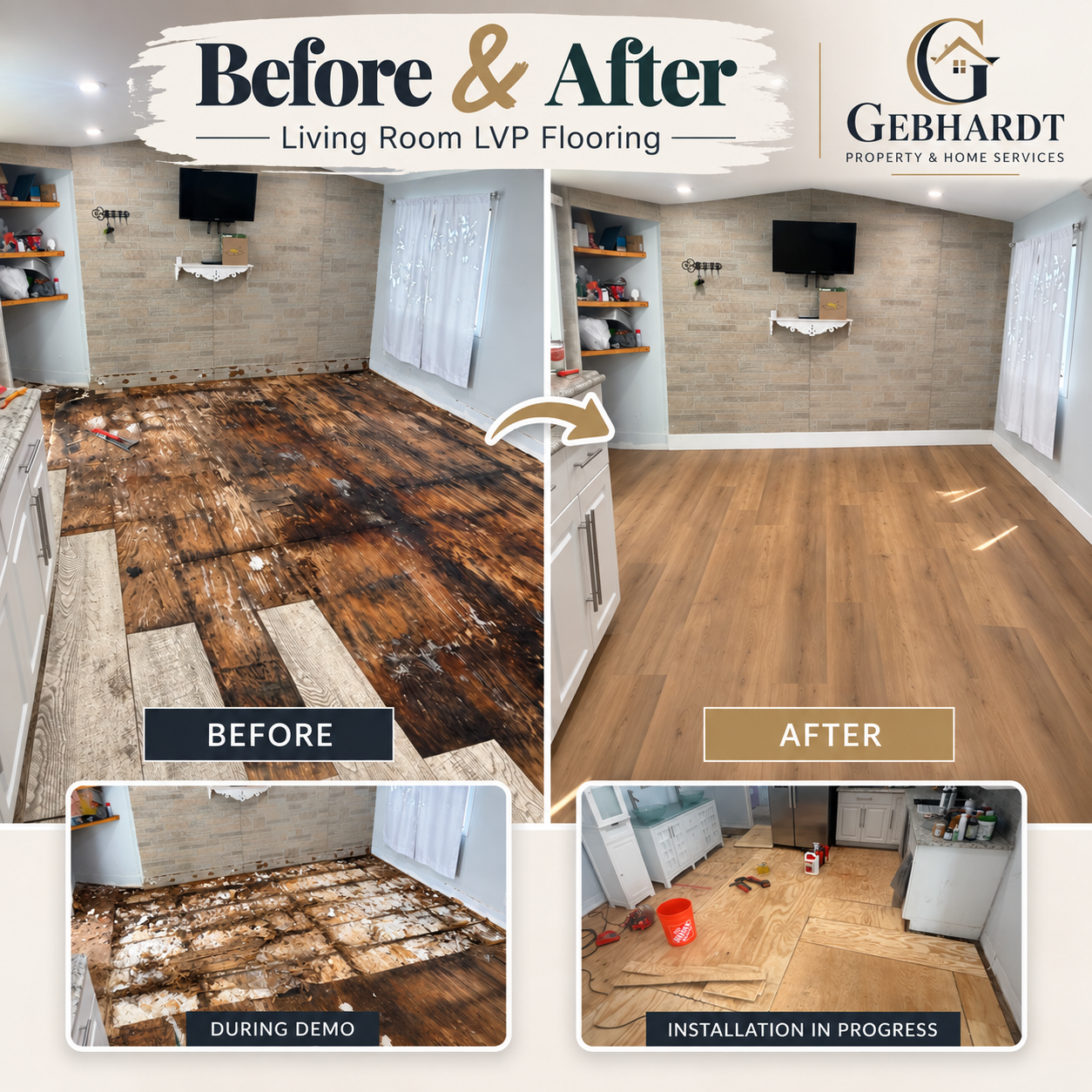 Living room flooring before and after luxury vinyl plank installation, with demolition and installation progress photos